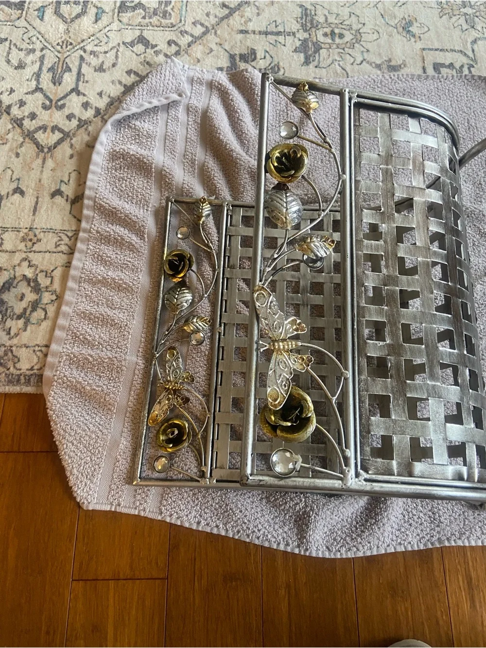 Metal Decorative Two-Tier Mail & Magazine Holder - Silver with Gold Accents